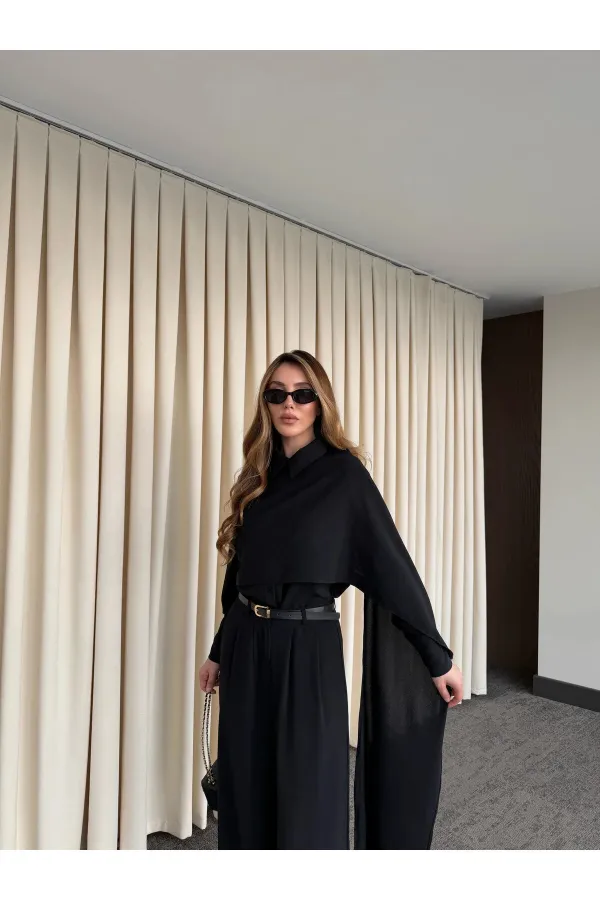 Siyah Kemerli Şal Yaka Gömlek Pantolon Takım - 8004