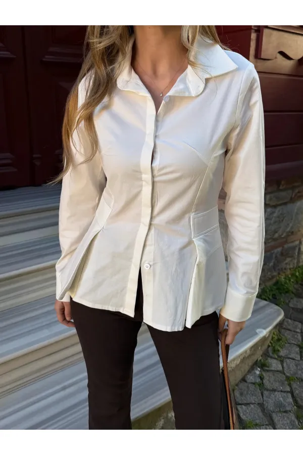 Ekru Belden Oturtmalı Poplin Gömlek - 1616