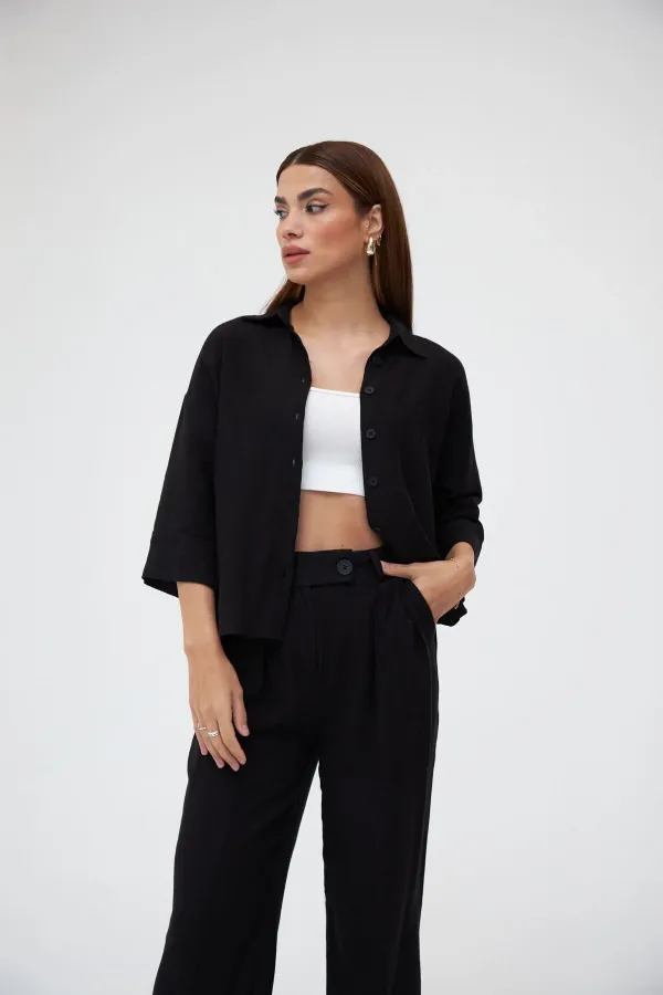 Ensemble deux pièces chemise et pantalon en lin noir
