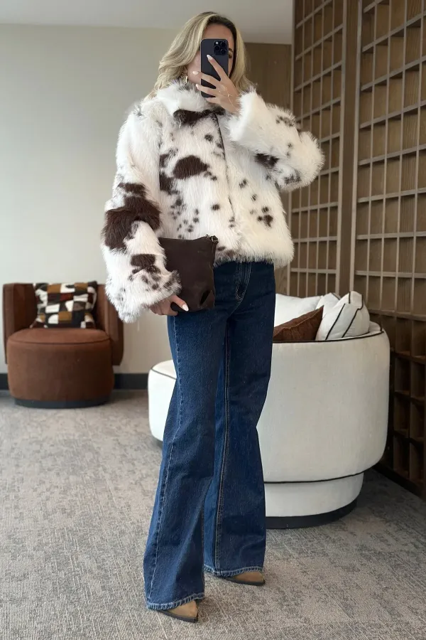 Off-Brown Patterned Zippered Fur Coat - 85154