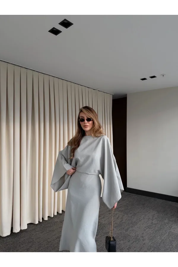 Gri Yarasa Kol Modal Elbise - 5000