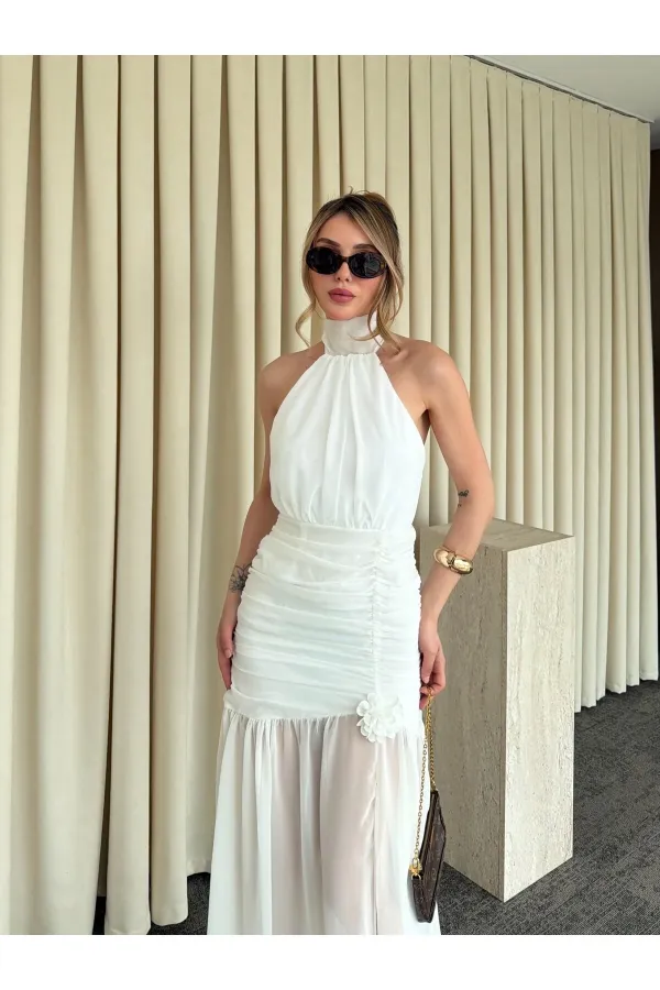 Beyaz Gül Detaylı Şifon Elbise - 2485