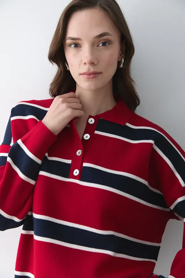 Kırmızı Lacivert Polo Yaka Şeritli Kazak - 251129