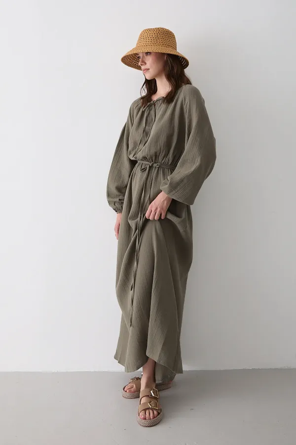 Çağla Bağlama Detaylı Müslin Elbise - 2004