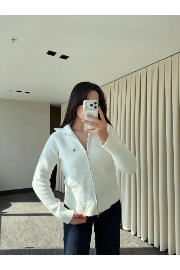 Ekru Balıkçı Yaka Çift Fermuarlı Hırka - 251108