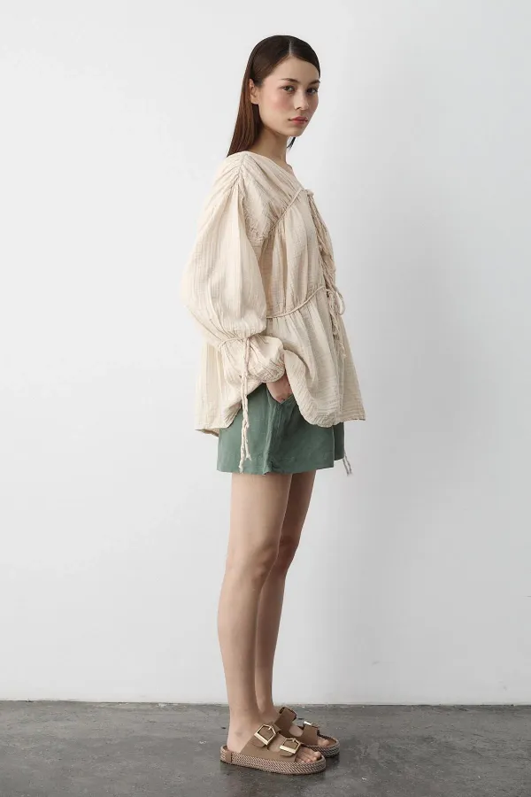 Natural 100% Cotton Muslin Shirt with Elasticated Sleeves