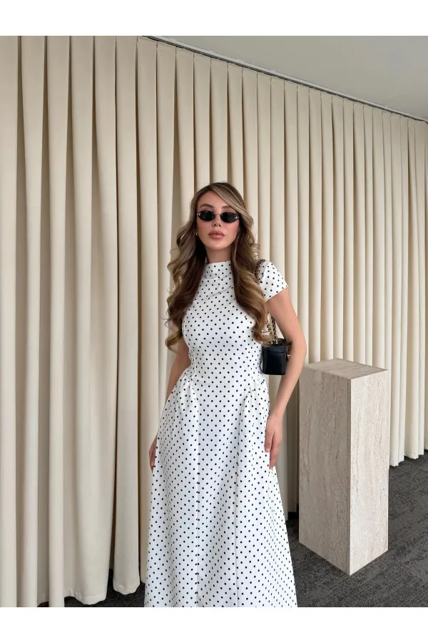 Beyaz Puantiyeli Uzun Elbise - 5092