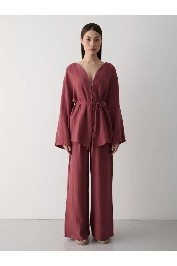 Ensemble chemise et pantalon en coton 100 % à boutons multicolores, coloris tuile