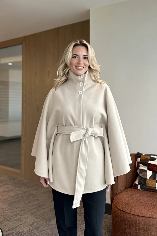 Cream Buttoned Belted Cashmere Poncho - 2055 Cream Buttoned Belted Cashmere Poncho - 2055