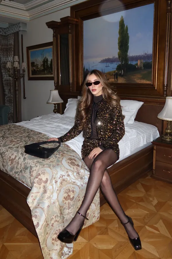 Gold Payetli Kadife Ceket Şort Takım - 4037