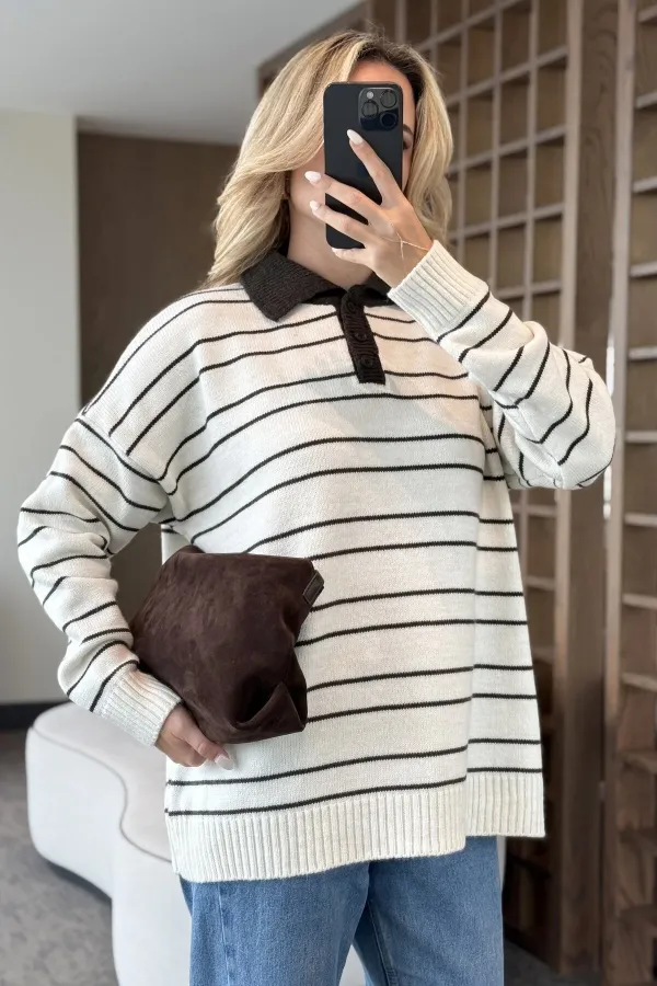 White and Black Striped Sweater -1510