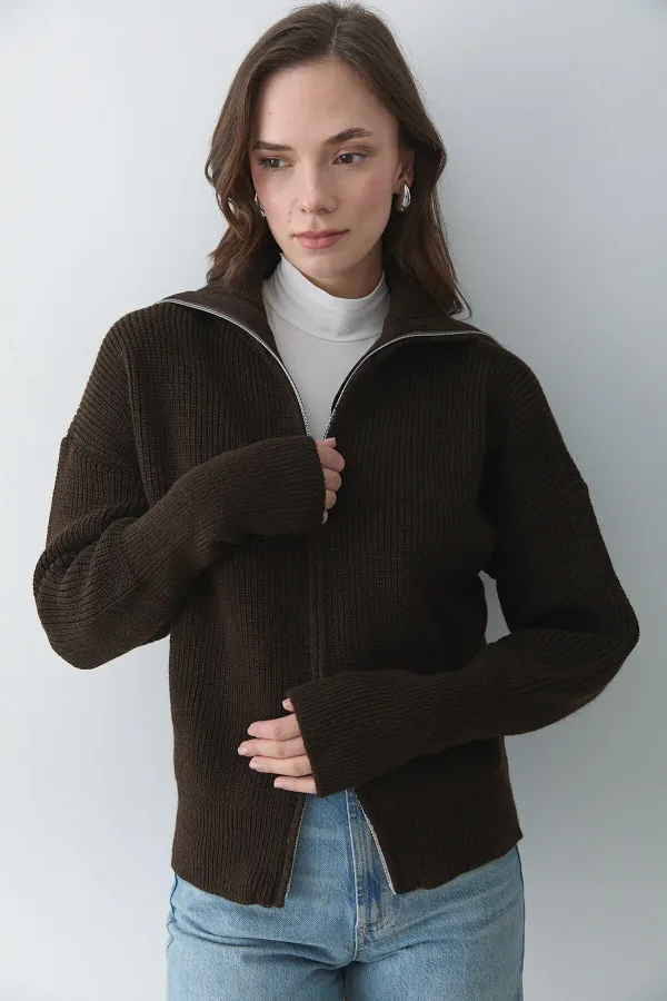 Brown Double Zip Cardigan - 251080 Brown Double Zip Cardigan - 251080
