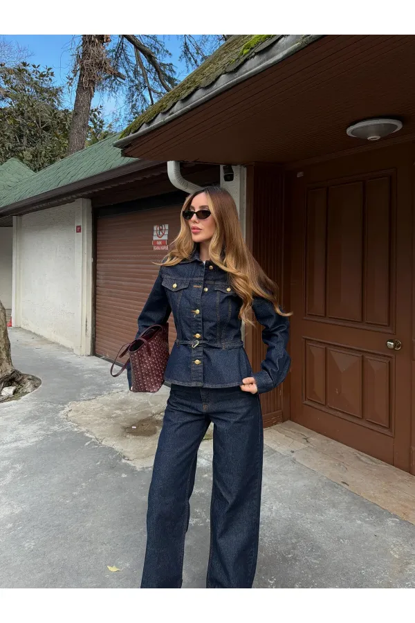 Lacivert Belden Oturtma Denim Ceket Pantolon Takım - 0838