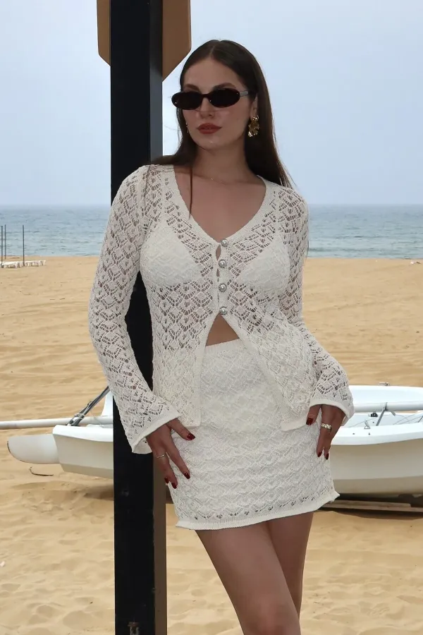 Ensemble cardigan et jupe écru à boutons nacrés - 7221