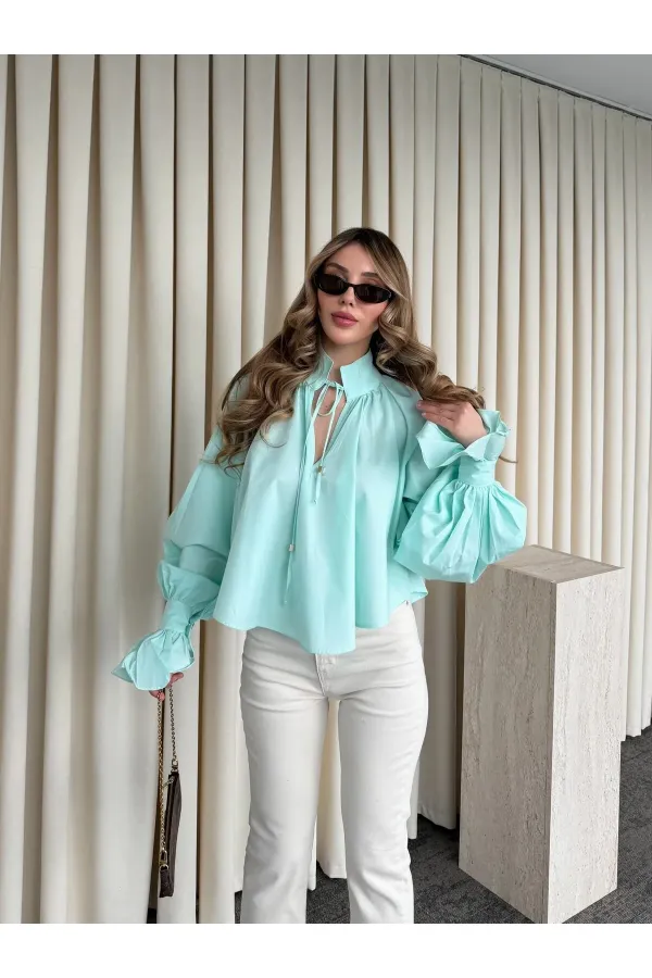 Mint Yakası Bağlamalı Kolları Tasarım Gömlek - 112254