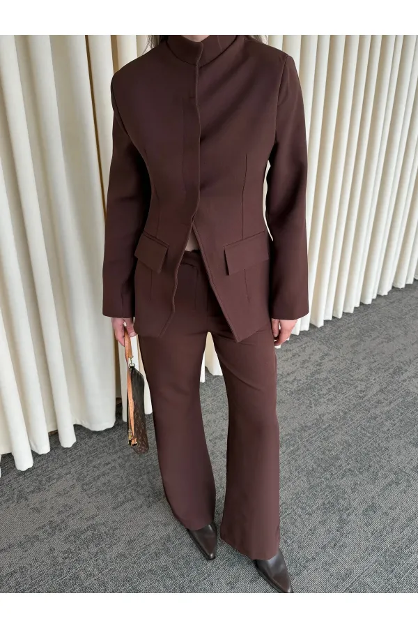 Kahverengi Hakim Yaka Ceket Pantolon Takım - 7100