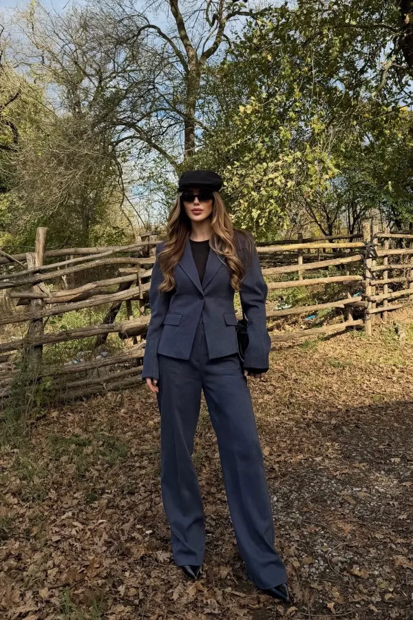Navy Blue One-Button Jacket and Trousers Suit - 9480
