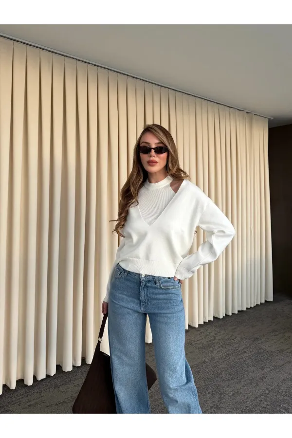 Ekru İkili V Yaka Kazak - 251206