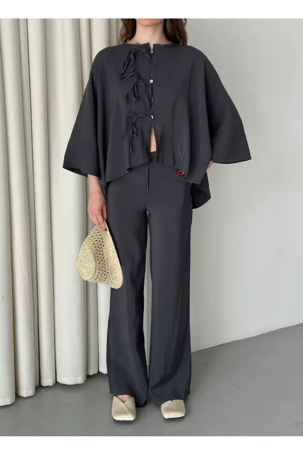 Ensemble chemisier et pantalon anthracite avec détails de surpiqûres au col - 9002