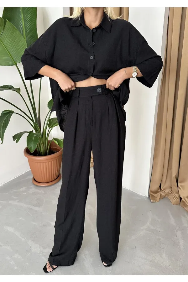 Ensemble deux pièces chemise et pantalon en lin noir
