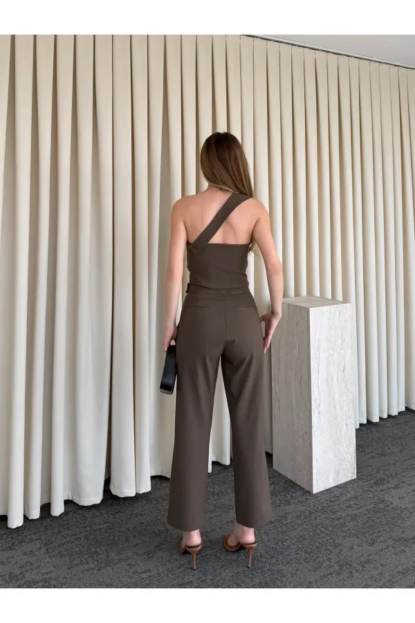 Sütlü Kahve Tek Omuz Tasarım Yaka Bluz Pantolon Takım - 8003