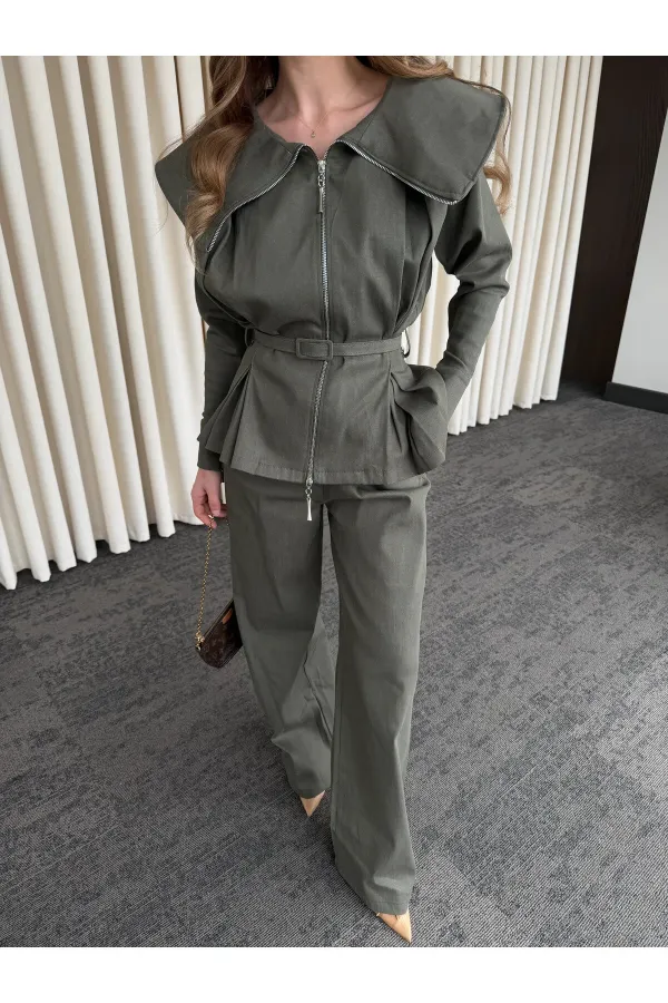 Khaki Design Denim Set - 8002