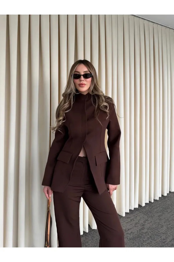 Kahverengi Hakim Yaka Ceket Pantolon Takım - 7100