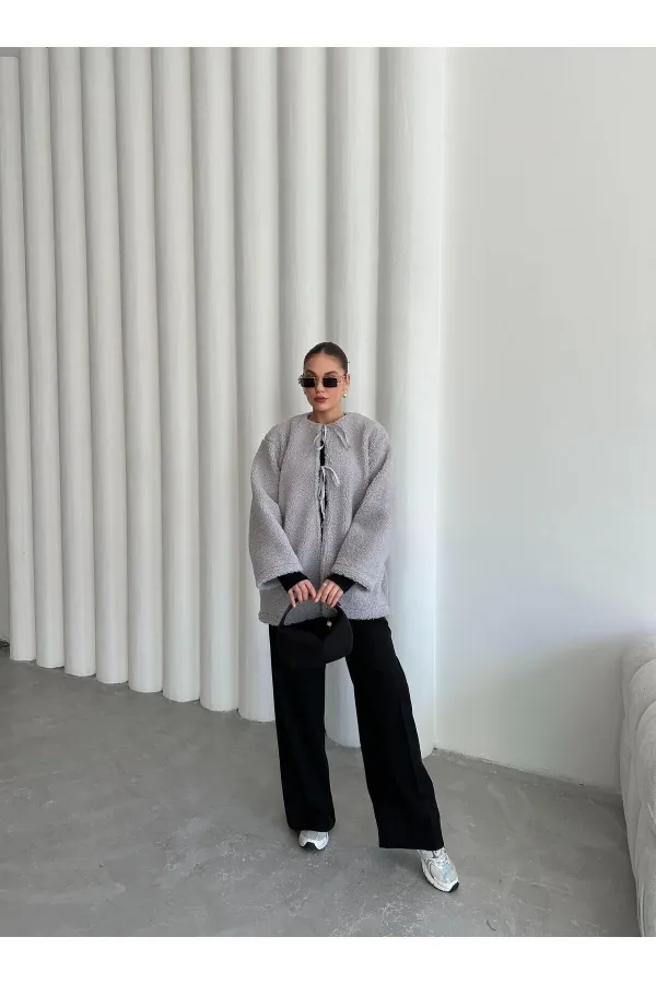 Grey Front Tie Teddy Jacket