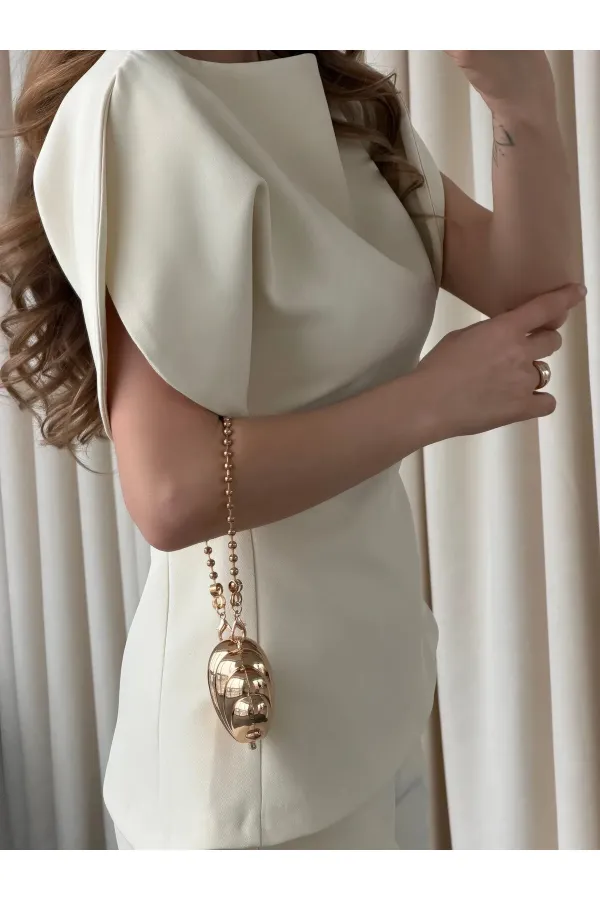 Ensemble chemisier et pantalon asymétrique blanc cassé à manches ballon - 25194