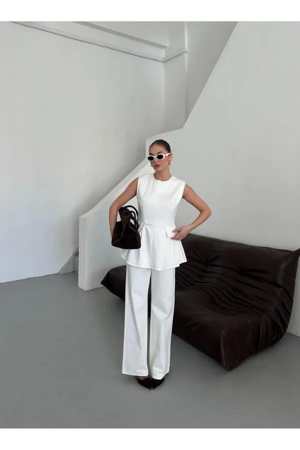 Beyaz Leandra Tasarım Bluz Pantolon Takım