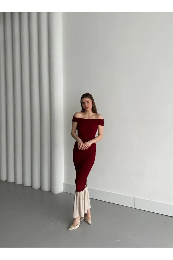 Bordo Kayık Yaka Fırfırlı Elbise - 4798