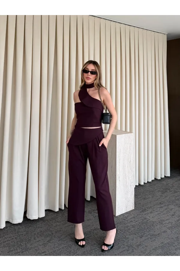 Mürdüm Tek Omuz Tasarım Yaka Bluz Pantolon Takım - 8003