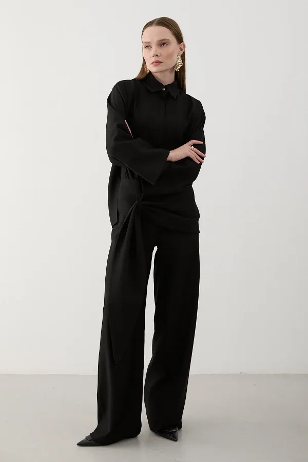 Siyah Beli Detaylı Pantolon Gömlek Takım - 8862