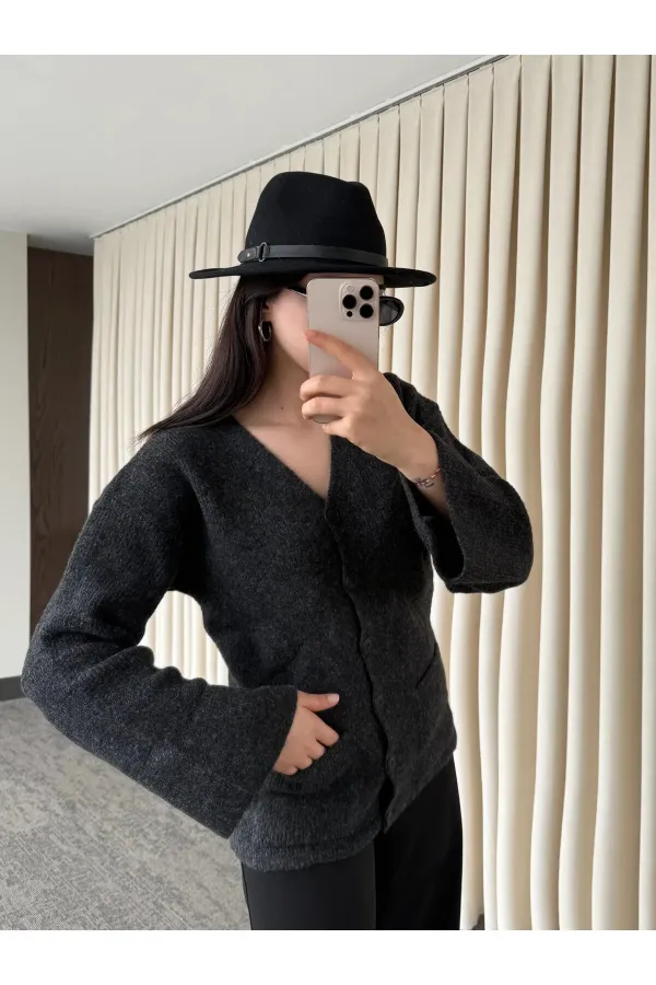 Antrasit Düğmeli Basic Hırka - 4622