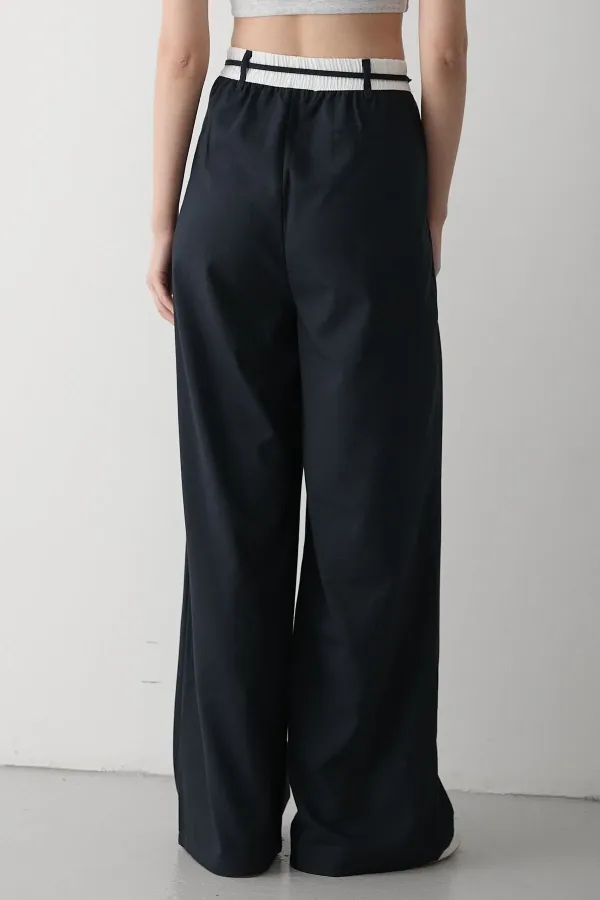 Pantalon de créateur bleu marine avec ceinture à cordon - 3576