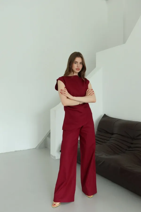 Ensemble chemisier et pantalon asymétriques bordeaux - 7227