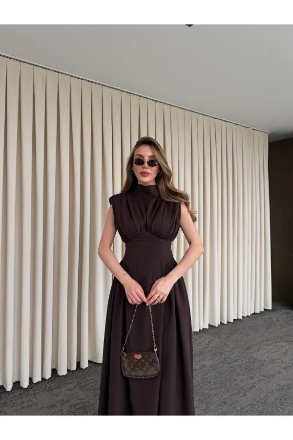 Kahverengi Vatkalı Elbise - 25193