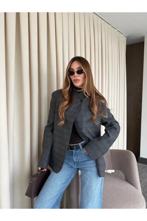 Veste à carreaux anthracite à col mandarin - 4103