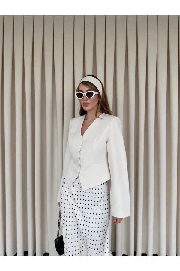 Ekru Vatkalı Fularlı Ceket - 85175