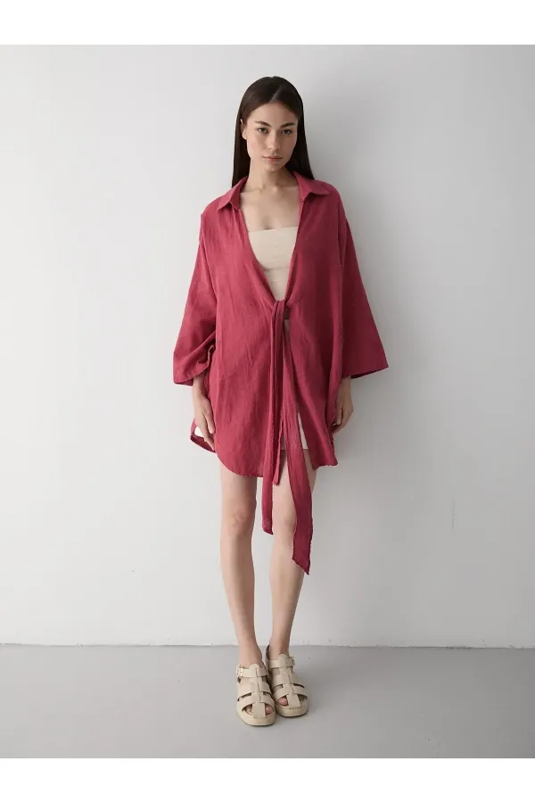 Burgundy Flam Linen Kimono Shirt