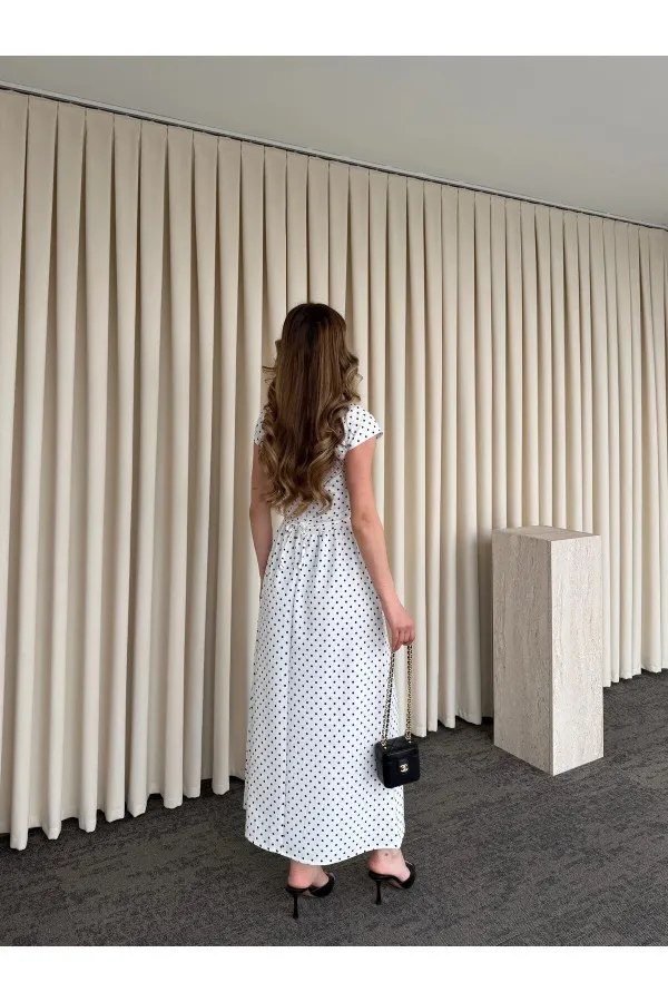 Beyaz Puantiyeli Uzun Elbise - 5092