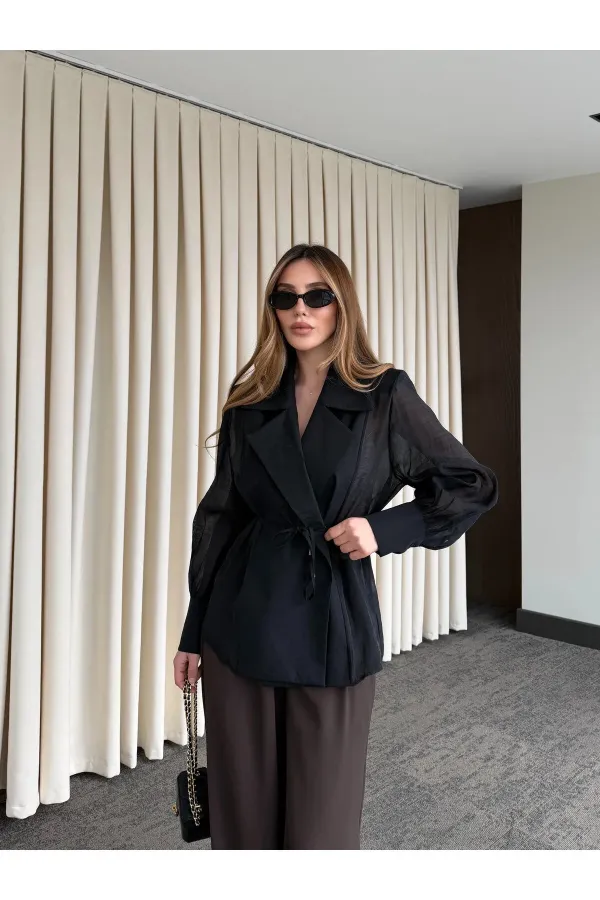 Siyah Vatkalı Transparan Gömlek - 5029