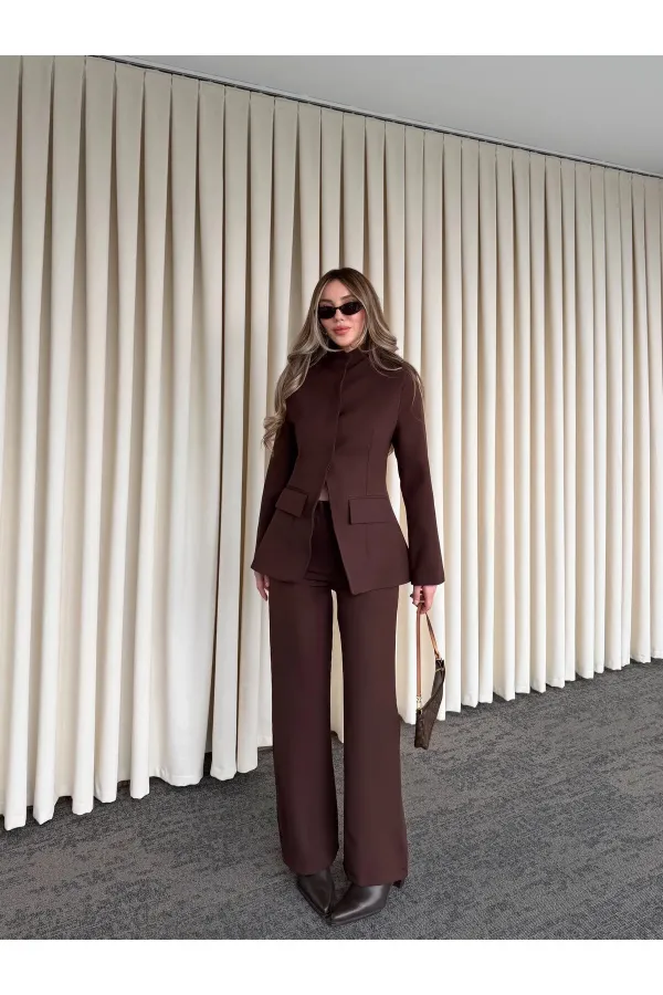 Kahverengi Hakim Yaka Ceket Pantolon Takım - 7100