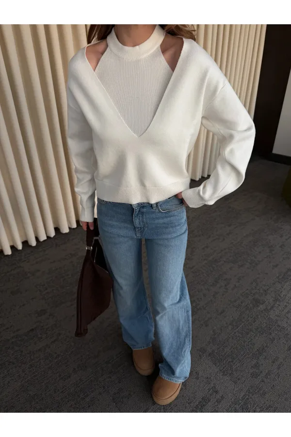 Ekru İkili V Yaka Kazak - 251206