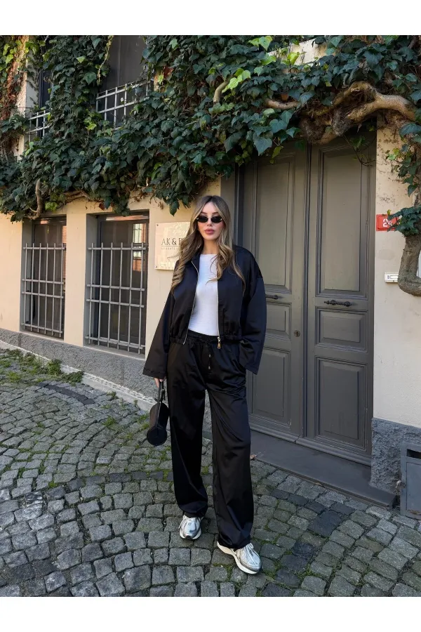 Siyah Bomber Saten Ceket Pantolon Takım - 9663 - 51229