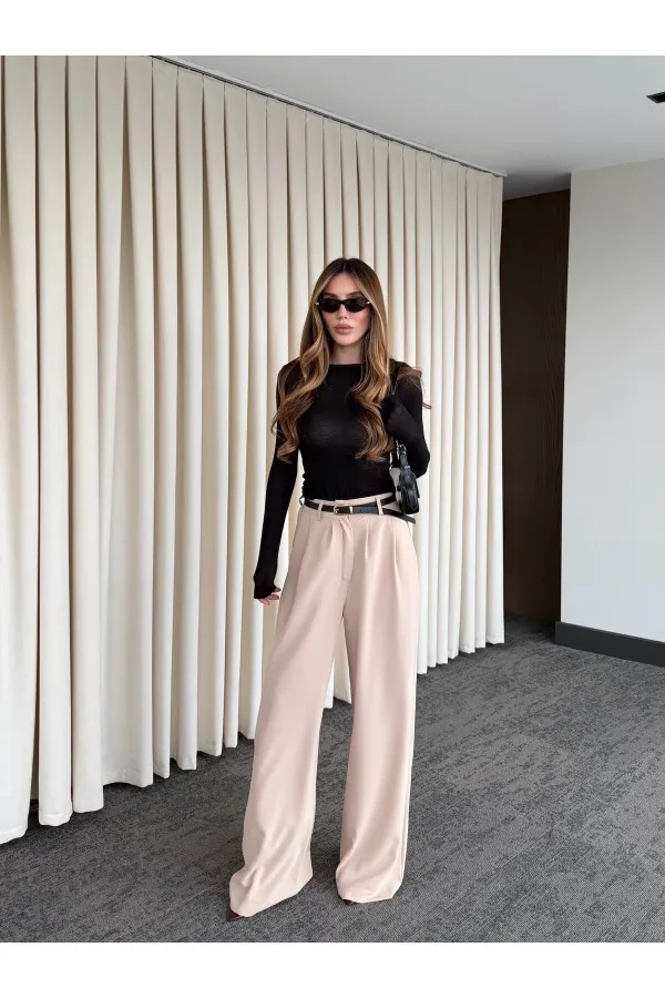 Bej Kemerli Bol Paça Pantolon - 301