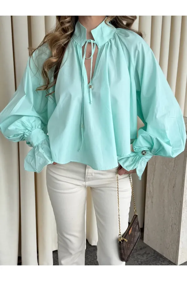 Mint Yakası Bağlamalı Kolları Tasarım Gömlek - 112254