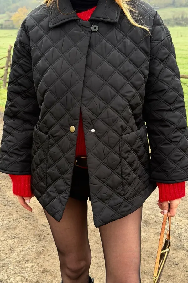 Siyah Kapitone Şallı Mont - 0762