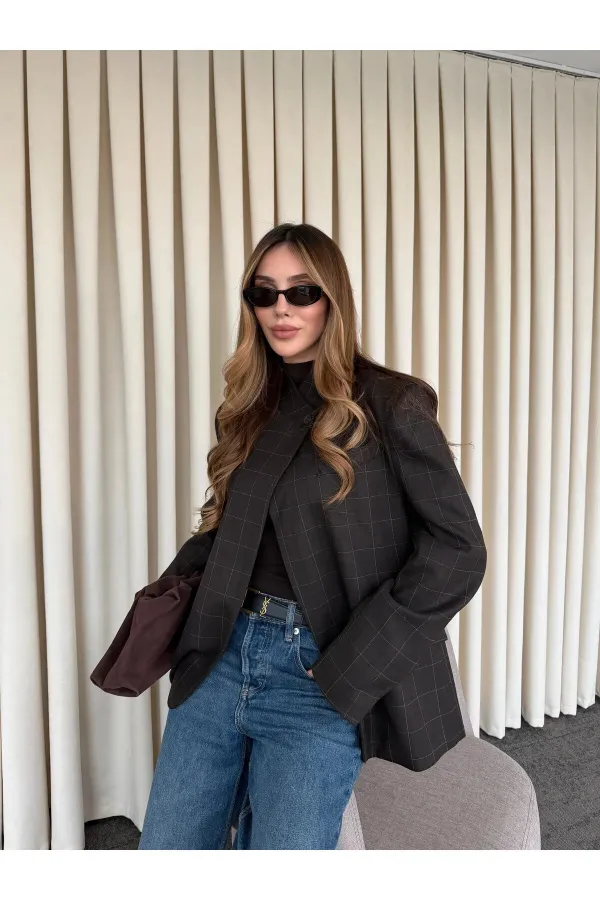 Kahverengi Hakim Yaka Ekose Ceket - 4103