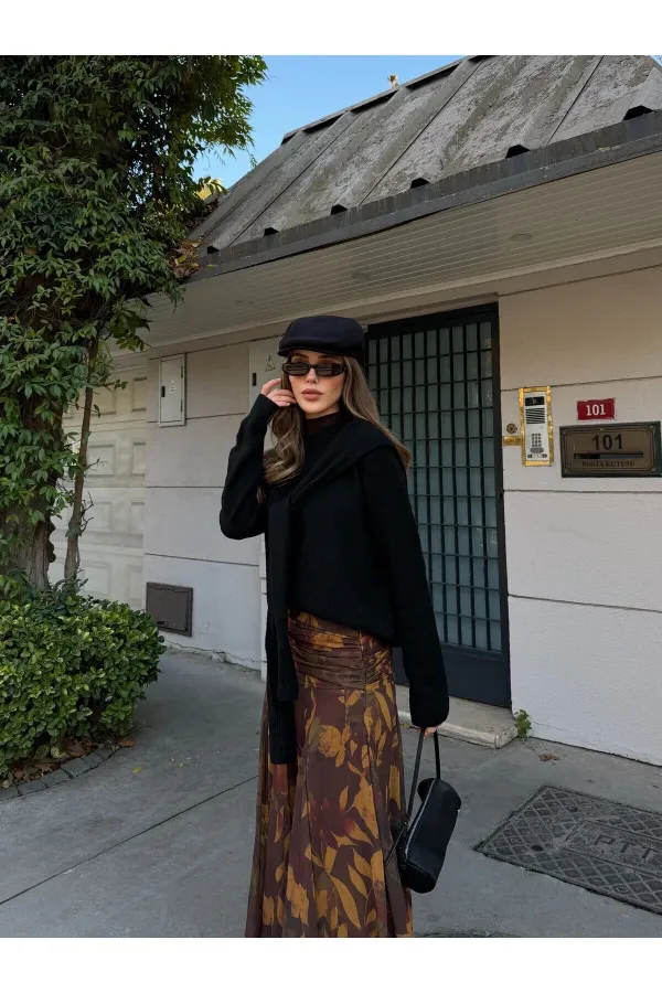 Haki - Sarı Yaprak Desenli Etek - 251101